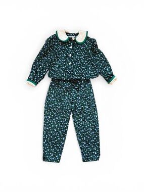 Girls Green Floral Matching Set with Cream Collar